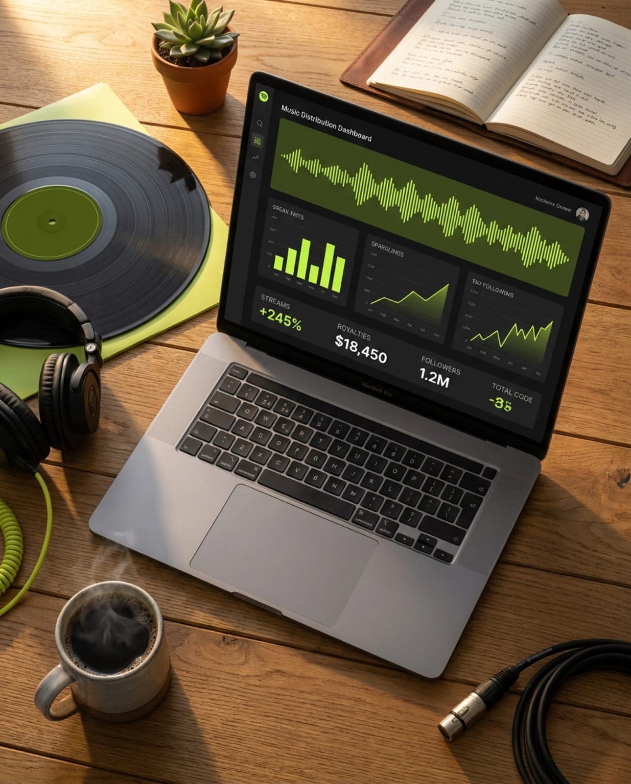 Overhead shot of a producer's desk: MacBook running the KushTunes dashboard with lime analytics, two vinyl records with lime labels, matte-black studio headphones with a lime cable, steaming coffee, an open notebook of lyrics, and a Neumann mic cable curling in