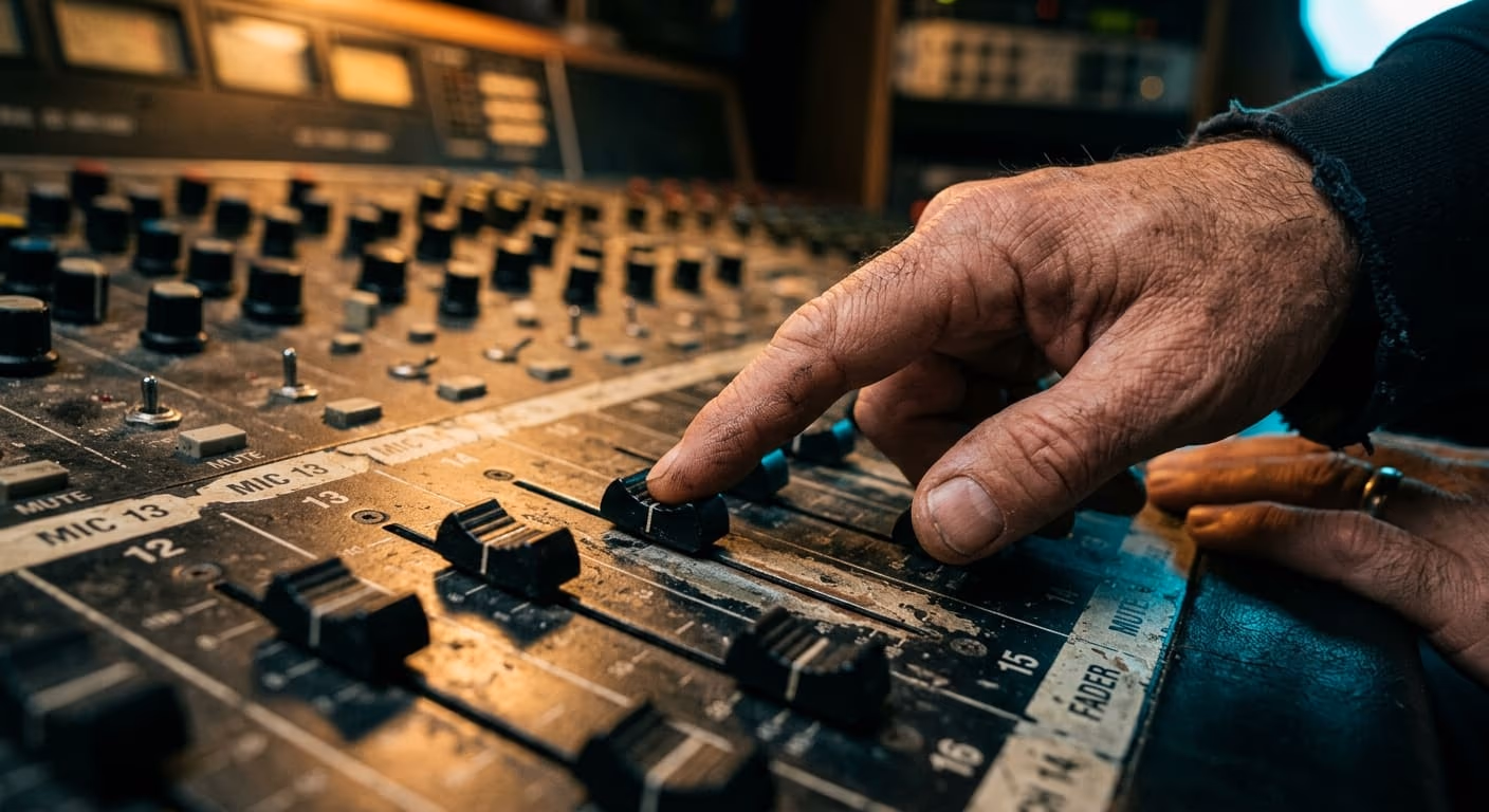 Hands working a studio mixing console